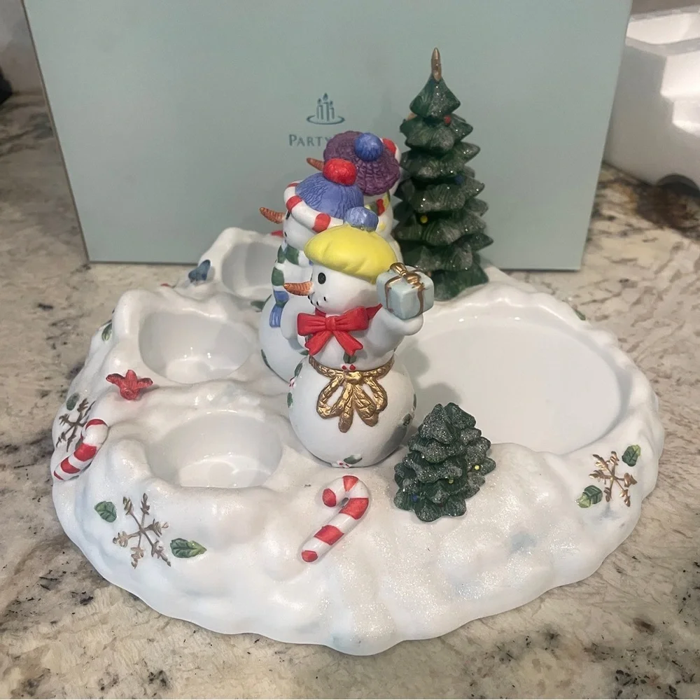 Partylite Snowman Trio Pillar & Tealight Holiday Candle Holder Snowmen 10